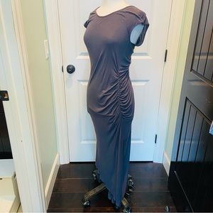 Super sexy julienne w long gray ruched maxi dress